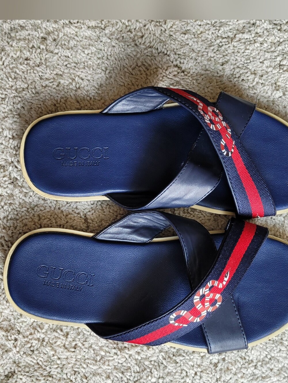 Gucci Navy Leather Sandals Red Accents & Snake Emblem Very Good Condition - Picture 3 of 7
